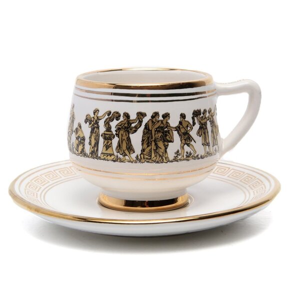 Vintage Arguros 24K Gold Greek Ceramic Cup & Saucer Set Handmade Greece White - Picture 3 of 15